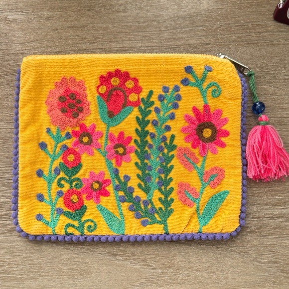Handbags - Floral Embroidered Clutch - Yellow and Pink